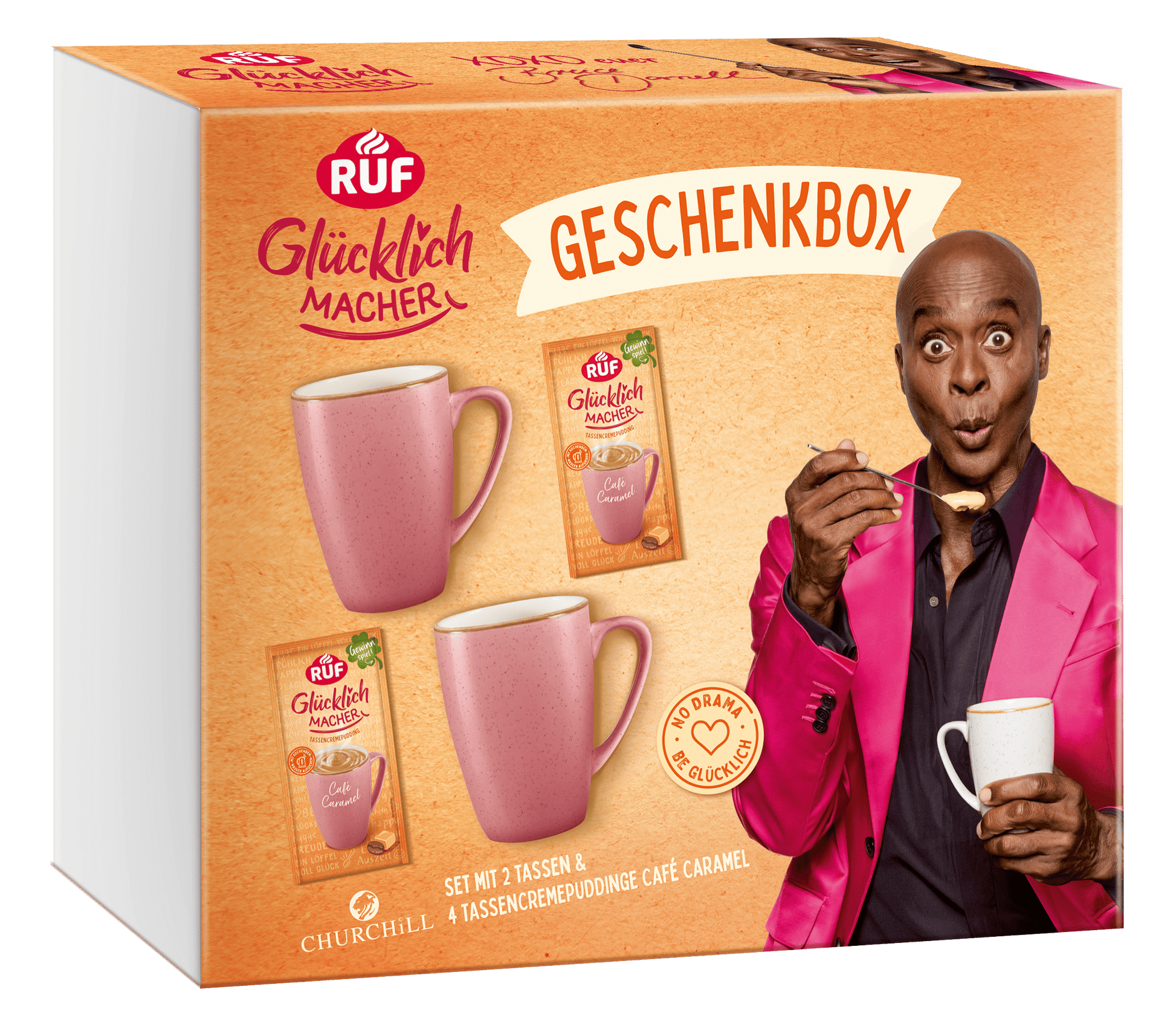 RUF Glücklichmacher Geschenkbox Café Caramel 2 Tassen, 4 Puddinge